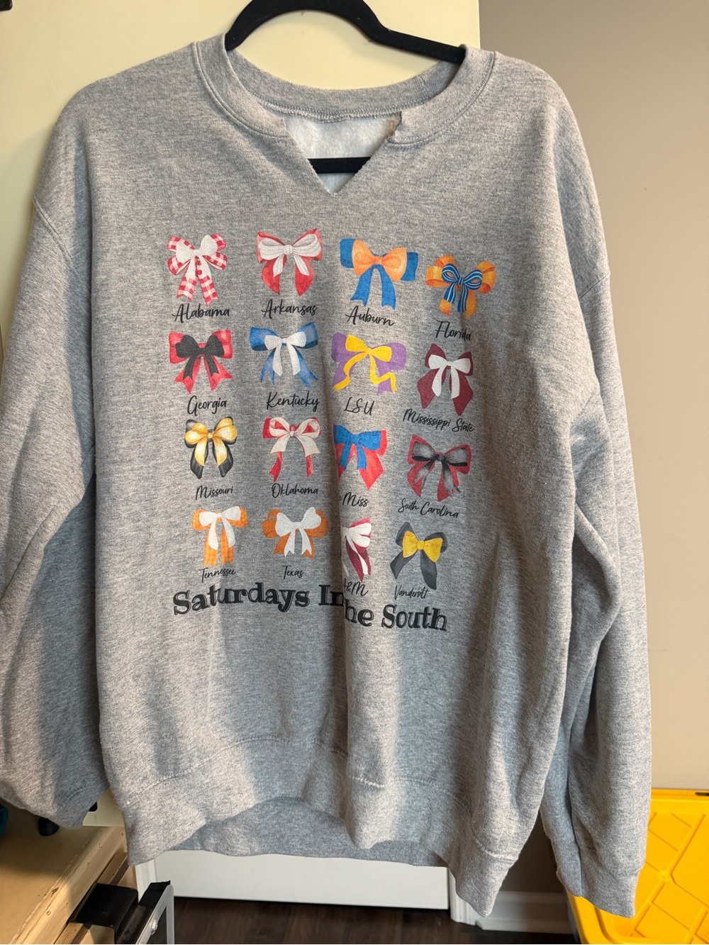 Women's Gray Crewneck Sweater with Collegiate Bow Graphic Saturdays in the south